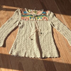 Beige Knit Sweater with Floral Embroidery